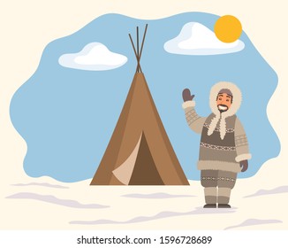 Smiling arctic person in traditional warm clothes standing near tent on snowy landscape. Man hunter in hood waving hand near stall. Eskimo cartoon character outdoor snow and sunny weather vector