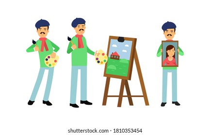Smiling Artist in Beret Painting on Canvas Vector Illustration Set