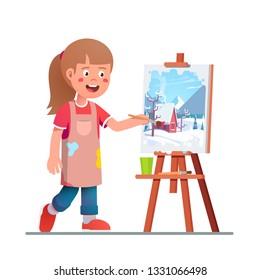 Smiling artist girl kid painting winter picture on canvas on easel. Genius painter student learning and mastering paint. Child art education. Flat vector isolated character illustration