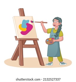 Smiling artist girl kid painting winter picture on canvas on easel. Genius painter student learning and mastering paint. Child art education. Flat vector isolated character illustration
