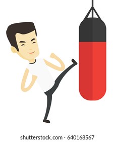 Smiling asian boxer man exercising with boxing bag. Kickbox fighter hitting heavy bag during training. Boxer training with the punch bag. Vector flat design illustration isolated on white background.
