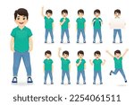 Smiling asian boy in different poses set. Various kid gestures - thinking, angry, crying, jumping, welcoming, with backpack, holding empty paper, making idea pointing up isolated vector illustration