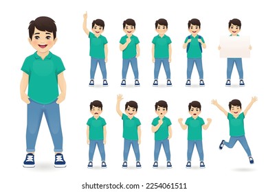 Smiling asian boy in different poses set. Various kid gestures - thinking, angry, crying, jumping, welcoming, with backpack, holding empty paper, making idea pointing up isolated vector illustration