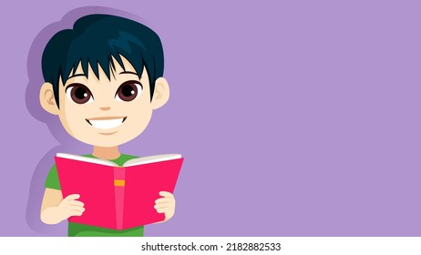 Smiling Asian boy holding a Text Book. Smart elementary kid with textbook ready back to school concept
