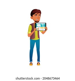 smiling asian boy showing web page on digital tablet cartoon vector. smiling asian boy showing web page on digital tablet character. isolated flat cartoon illustration