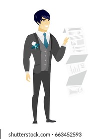 Smiling asian bridegroom in a wedding suit showing a document with presentation. Full length of young bridegroom giving a presentation. Vector flat design illustration isolated on white background