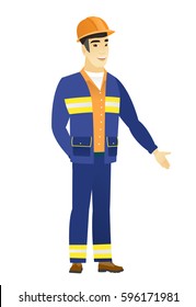 Smiling asian builder with his hand in his pocket. Full length of young happy builder holding his hand in the pocket of pants. Vector flat design illustration isolated on white background.