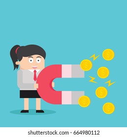 smiling asian business woman character using magnet to get coins, business concept flat cartoon vector design illustration
