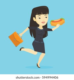 Smiling asian business woman in a hurry eating hot dog. Business woman with briefcase eating on the run. Young business woman running and eating hot dog. Vector flat design illustration. Square layout