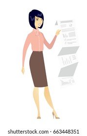 Smiling asian business woman showing document with business report. Full length of young business woman presenting business report. Vector flat design illustration isolated on white background.