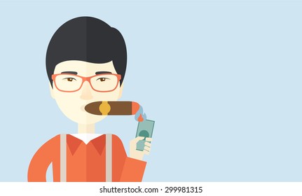 A smiling asian businessman lighting the cigar tobacco to release pressure from work. Successful business concept.  A Contemporary style with pastel palette, soft blue tinted background. Vector flat