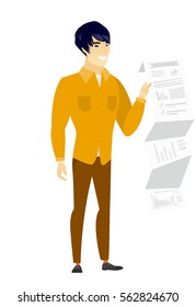 Smiling asian  businessman showing document with business presentation. Full length of young businessman giving business presentation. Vector flat design illustration isolated on white background.