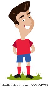 Smiling asian cartoon footballer wearing red shirt and blue shorts standing on football field isolated on white background.