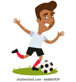 Smiling asian cartoon footballer wearing white shirt and black shorts about to kick the ball isolated on white background