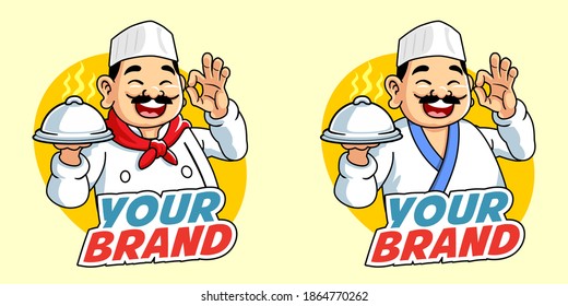 Smiling Asian chef with OK finger and covered pan on right hand.