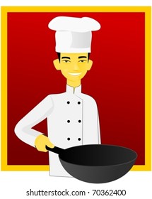 Smiling asian cook with pan on red background