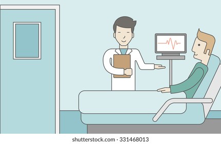 A smiling asian doctor visits a caucasian patient lying on bed in hospital ward, a monitor showing his heartbeat stands nearby.  Vector line design illustration. Horizontal layout with a text space