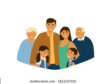 Smiling Asian Family Portrait. Parents, Grandparents And Children. Isolated On White. Asian Characters. Flat Vector Illustration. 