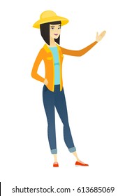 Smiling asian farmer in summer showing a direction. Full length of farmer pointing at something and showing a direction by her hand. Vector flat design illustration isolated on white background.