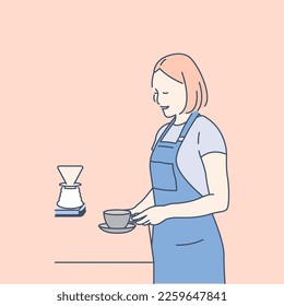 Smiling asian girl barista wearing uniform making coffee, hand drawn style vector design illustration