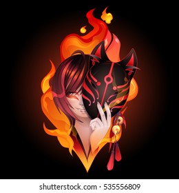 Smiling asian girl with dark hairs hiding her face under the japanese demon fox mask with fire flame on background. Can be used as tattoo art, print or t-shirt design