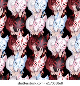 Smiling asian girl with dark hairs hiding her face under the japanese demon fox mask in red, pink and blue colors. Vector seamless pattern