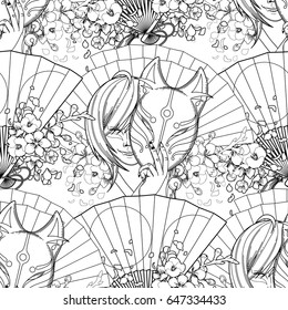 Smiling asian girl with dark hairs hiding her face under the japanese deamon fox mask in red, pink and blue colors. Vector seamless pattern. Coloring book page design for adults and kids