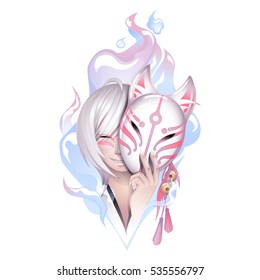 Smiling asian girl with gray hairs hiding her face under the japanese demon fox mask with fire flame on background. Can be used as tattoo art, print or t-shirt design