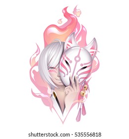 Smiling asian girl with gray hairs hiding her face under the japanese demon fox mask with fire flame on background. Can be used as tattoo art, print or t-shirt design