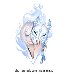 Smiling asian girl with gray hairs hiding her face under the japanese demon fox mask with fire flame on background. Can be used as tattoo art, print or t-shirt design
