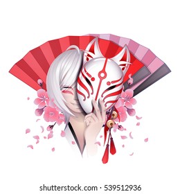 Smiling asian girl with gray hairs hiding her face under the japanese demon fox mask with sakura flowers and traditional fans on background. Can be used as tattoo art, print or t-shirt design