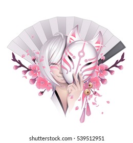 Smiling asian girl with gray hairs hiding her face under the japanese demon fox mask with sakura flowers and traditional fan on background. Can be used as tattoo art, print or t-shirt design