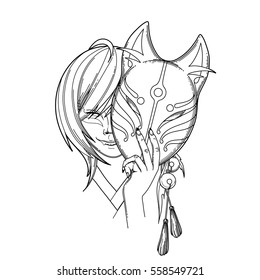 Smiling asian girl hiding her face under the japanese demon fox mask. Translation of the hieroglyph - fox. Coloring book page design for adults and kids
