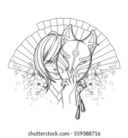 Smiling asian girl hiding her face under the japanese demon fox mask with sakura flowers and traditional fans on background. Coloring book page design for adults and kids