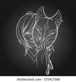 Smiling asian girl hiding her face under the japanese demon fox mask. Translation of the hieroglyph - fox