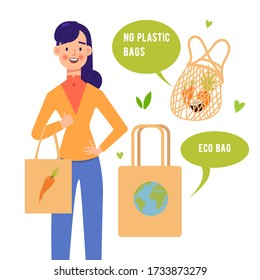 Smiling asian girl holding eco tote bag. Stop Plastic Pollution. Save the planet concept.
