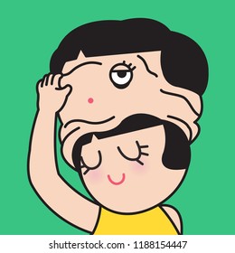 Smiling Asian Girl Removing Her Other Sad Face Mask Concept Card Character illustration