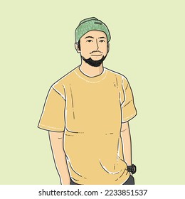 Smiling asian guy with beanie and green tshirt isolated on Green background vector modern illustrations