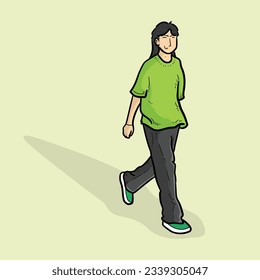 Smiling Asian Korean Japanese Taiwanese Thai People walking with nice style on Green Background vector modern illustration