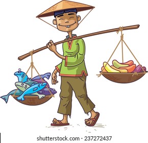 The smiling Asian man in a conical hat is carrying the fresh fish and the fruits. The merchant looking at camera.