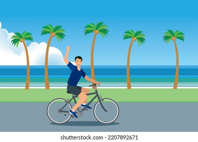 Smiling Asian man cycling on a bicycle with blue sky, sea and palm trees in the background. Image illustration of the resort