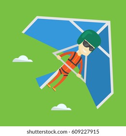 Smiling asian man flying on hang-glider. Sportsman taking part in hang gliding competitions. Man having fun while gliding on delta-plane in the sky. Vector flat design illustration. Square layout.