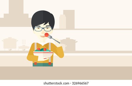 A smiling asian man in glasses eating salad vector flat design illustration. Healthy concept. Horizontal layout with a text space for a social media post.