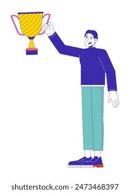 Smiling asian man showing winner bowl 2D linear cartoon character. Korean male celebrating victory isolated line vector person white background. Leadership achievement color flat spot illustration