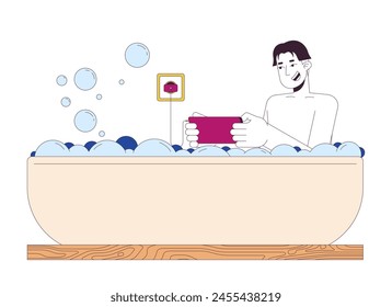 Smiling asian man in smartphone in bath 2D linear cartoon character. Korean male using electrical device recklessly isolated line vector person white background. Bathroom color flat spot illustration