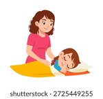 Smiling Asian Mother Gently Comforts Her Peacefully Sleeping Child in a Sweet Loving Home Illustration