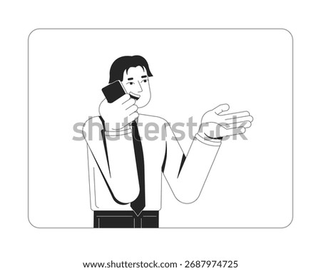 Smiling asian office worker holding phone conversation 2D line character. Business call. Corporate man speaking with smartphone isolated vector ink outline person. Monochromatic spot illustration