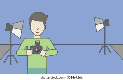 A smiling asian photographer holding a camera and standing inside the studio. Vector line design illustration. Horizontal layout with a text space for a social media post.