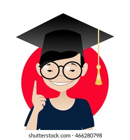 Smiling Asian schoolboy with glasses and graduation cap. Vector illustration. 