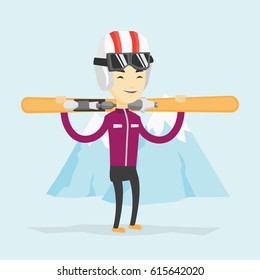 Smiling asian sportsman carrying skis. Sportsman standing with skis on his shoulders on the background of snow capped mountain. Young man skiing. Vector flat design illustration. Square layout.
